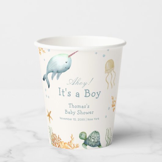 Ahoy onder het Zee Whale Boy Baby shower Papieren Bekers (Voorkant)