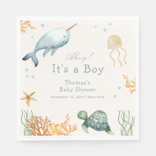 Ahoy onder het Zee Whale Boy Baby shower Servet (Voorkant)