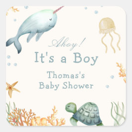 Ahoy onder het Zee Whale Boy Baby shower Vierkante Sticker