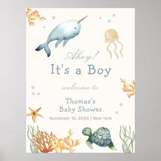 Ahoy onder het Zee Whale Boy Baby shower Welkom Poster (Voorkant)