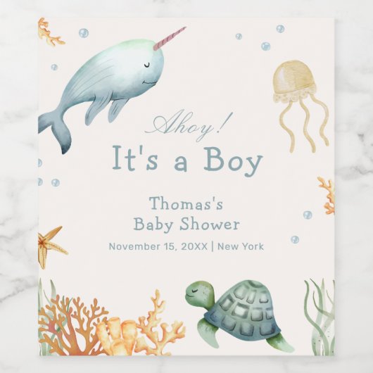 Ahoy onder het Zee Whale Boy Baby shower Wijn Etiket (Enkel label)