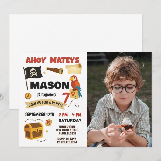 Ahoy! Pirate verjaardagsuitnodiging voor kinderen Kaart (Voorkant / Achterkant)