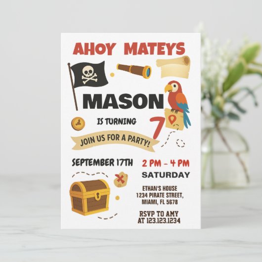 Ahoy! Pirate verjaardagsuitnodiging voor kinderen Kaart (Staand voorkant)