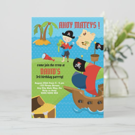 Ahoy! Piratenschip Jongen Piraten Verjaardagsfeest Kaart (Staand voorkant)