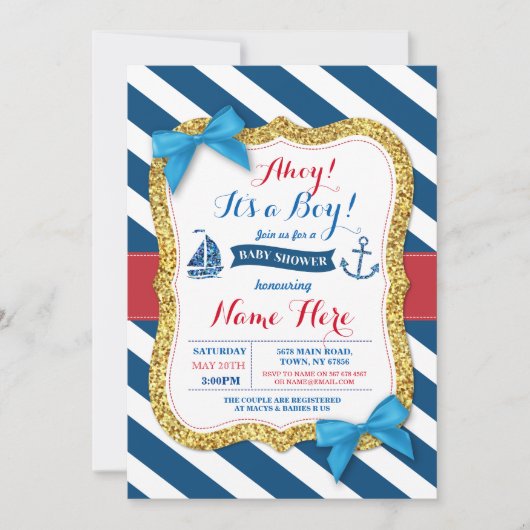 Ahoy Sailor Anker Baby shower Blue Boy Uitnodigen Kaart (Voorkant)