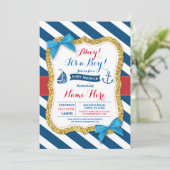 Ahoy Sailor Anker Baby shower Blue Boy Uitnodigen Kaart (Staand voorkant)