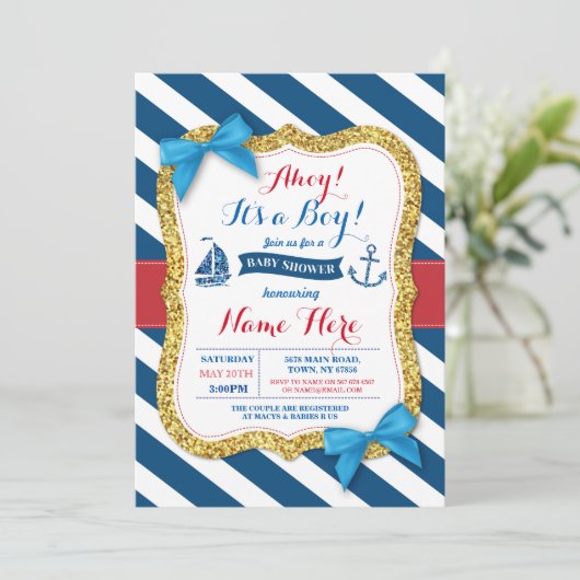 Ahoy Sailor Anker Baby shower Blue Boy Uitnodigen Kaart (Staand voorkant)