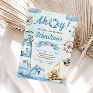 Ahoy Sailor Nautical Boat Blue 1e verjaardag Kaart