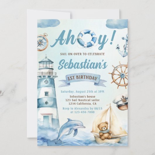 Ahoy Sailor Nautical Boat Blue 1e verjaardag Kaart (Voorkant)