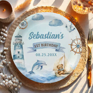 Ahoy Sailor Nautical Boat Blue 1e verjaardag Papieren Bordje