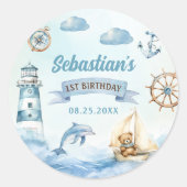 Ahoy Sailor Nautical Boat Blue 1e verjaardag Ronde Sticker (Voorkant)