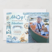 Ahoy Sailor Nautische Boot Blauw 1e Verjaardag Fot Kaart (Voorkant)