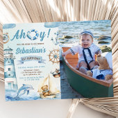 Ahoy Sailor Nautische Boot Blauw 1e Verjaardag Fot Kaart