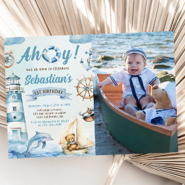 Ahoy Sailor Nautische Boot Blauw 1e Verjaardag Fot Kaart