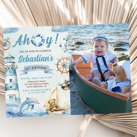 Ahoy Sailor Nautische Boot Blauw 1e Verjaardag Fot Kaart