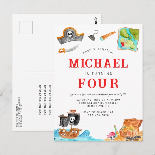 Ahoy Shipmates Treasure Hunt Schip Piraat Verjaard Briefkaart (Voorkant / Achterkant)