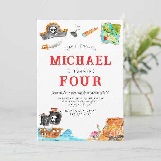 Ahoy Shipmates Treasure Hunt Schip Piraat Verjaard Kaart (Staand voorkant)
