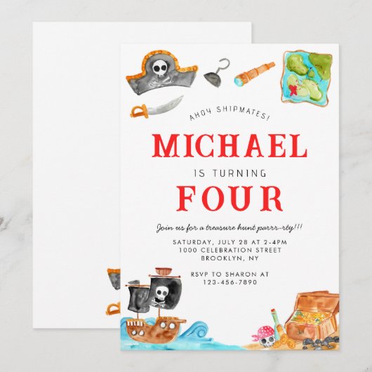 Ahoy Shipmates Treasure Hunt Schip Piraat Verjaard Kaart (Voorkant / Achterkant)