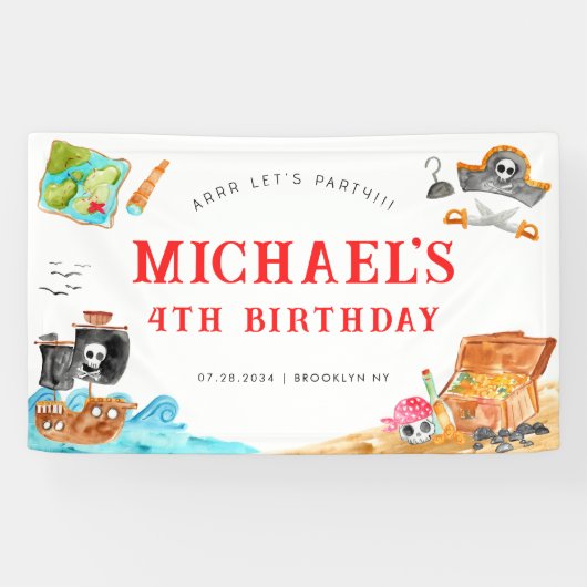 Ahoy Shipmates Treasure Hunt Schip Piraat Verjaard Spandoek (Horizontaal)