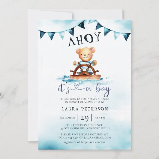 Ahoy Teddy Bear Waves Boot Helm Boy Baby shower Kaart (Voorkant)