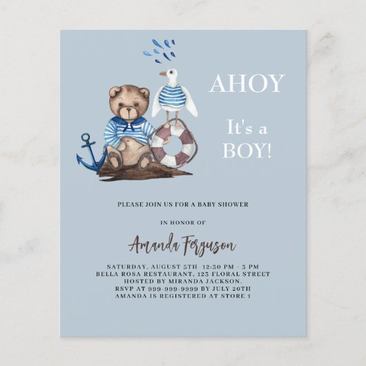Ahoy teddy zeiler budget Baby shower uitnodiging (Voorkant)