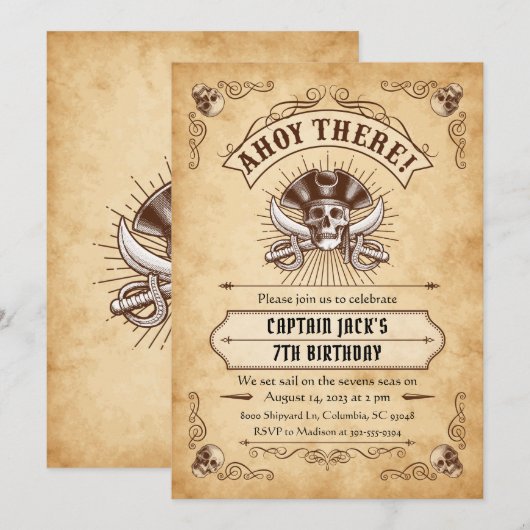 Ahoy There Pirate Verjaardag Uitnodiging (Voorkant / Achterkant)