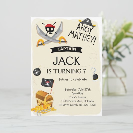 Ahoy Treasure Kaart Pirate Verjaardag Uitnodiging (Staand voorkant)