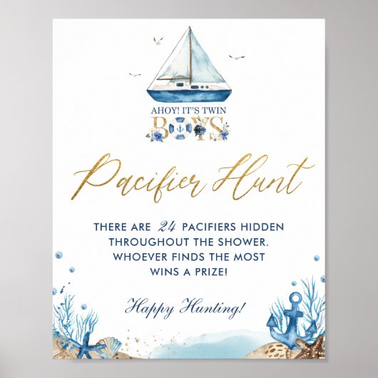 Ahoy Twin Boys Nautical Baby shower Pacifier Hunt Poster (Voorkant)