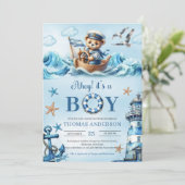 Ahoy waterverf blauw en bruin teddybeer zeiler kaart (Staand voorkant)