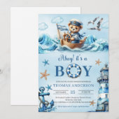 Ahoy waterverf blauw en bruin teddybeer zeiler kaart (Voorkant / Achterkant)