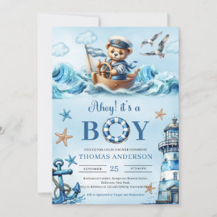 Ahoy waterverf blauw en bruin teddybeer zeiler kaart