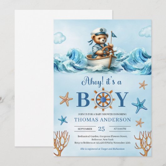 Ahoy waterverf blauw en bruin teddybeer zeiler kaart (Voorkant / Achterkant)