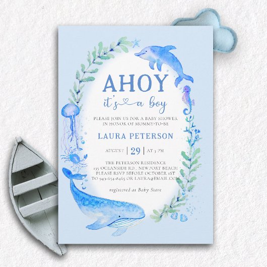 Ahoy Whale Dolphin Zee Nautical Boy Baby shower Kaart
