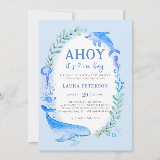 Ahoy Whale Dolphin Zee Nautical Boy Baby shower Kaart (Voorkant)