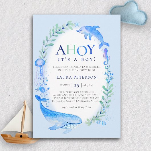 Ahoy Zee Animals Nautical Blue Boy Baby shower Kaart