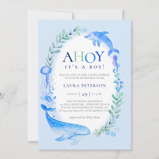 Ahoy Zee Animals Nautical Blue Boy Baby shower Kaart (Voorkant)