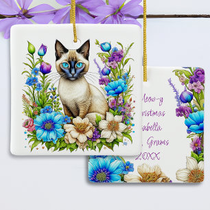 Ai Aquarel Siamese Kat in Bloemen Gepersonaliseerd Keramisch Ornament