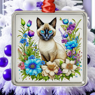 Ai Aquarel Siamese Kat in Bloemen Metalen Ornament