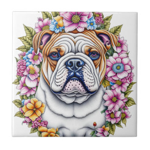 Ai Art Bulldog Omringd door Fantasiebloemen Tegeltje