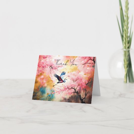 AI art Crane Vliegen in Cherry Blossoms Dank u Notitiekaartje (Voorkant)