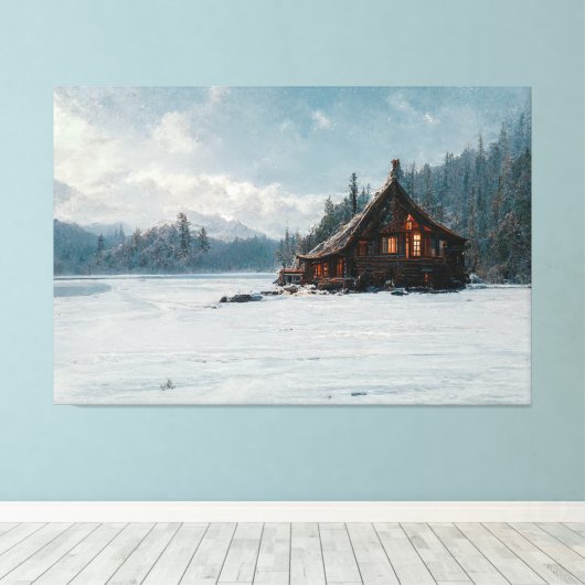 Ai Art Gallery™ - Log Cabin op een koude winterdag Canvas Afdruk (Insitu (Houten vloer))