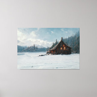 Ai Art Gallery™ - Log Cabin op een koude winterdag Canvas Afdruk