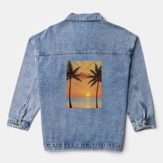 AI Art Morning Sunrise Beach Palmbomen Denim Jacket (Achterkant)
