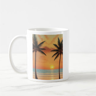 AI Art Morning Sunrise Beach Palmbomen Koffiemok