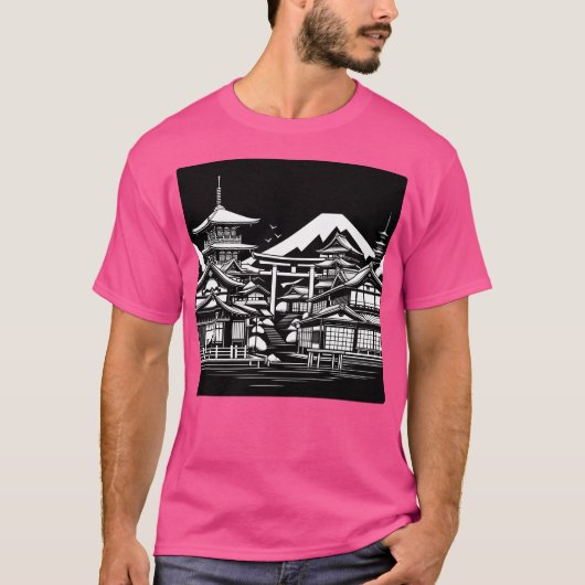 AI Art Traditionele Kyoto gebouwen in zwart wit T-shirt (Voorkant)