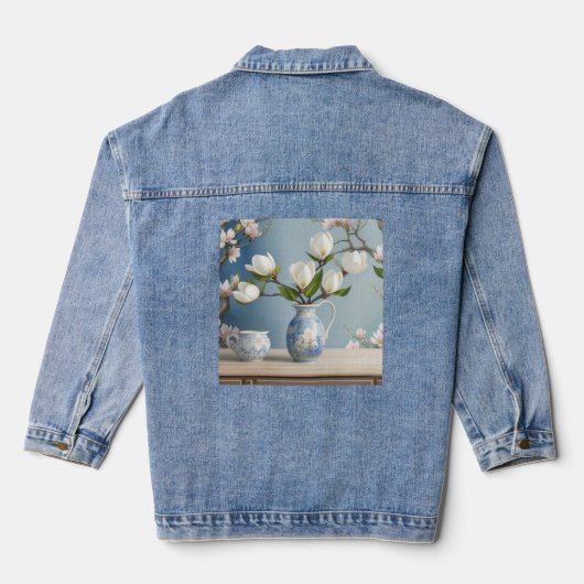AI Art White Magnolia Bloemen Denim Jas Denim Jacket (Achterkant)