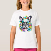 Ai Boston Terrier omgeven door bloemen T-shirt (Voorkant)