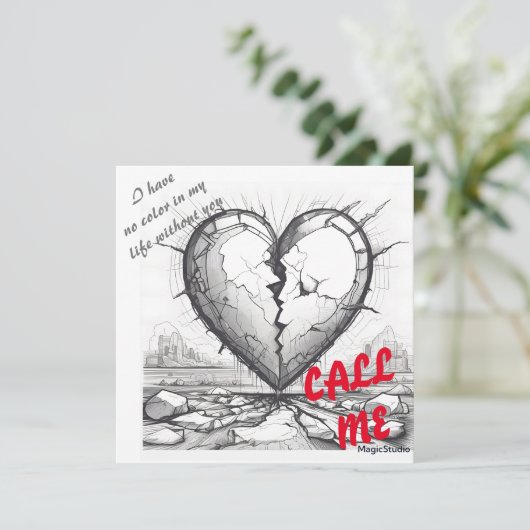 AI downloadbare zwart-wit gebroken hart Kaart (Staand voorkant)