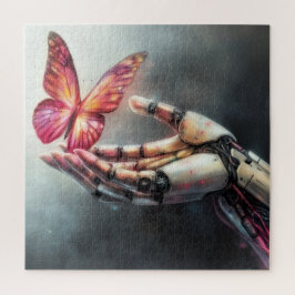 AI en Natuur Harmonie Robot Hand met Vlinder Legpuzzel