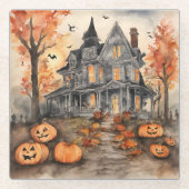 AI Gegenereerd Spooky Oud Huis Halloween Glazen Onderzetter (Voorkant)